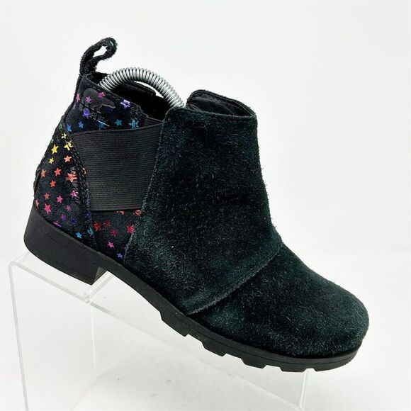 Sorel Emelie Black Leather Chelsea Boots Girls Size 5 Multicolor Rainbow Stars - Picture 1 of 14